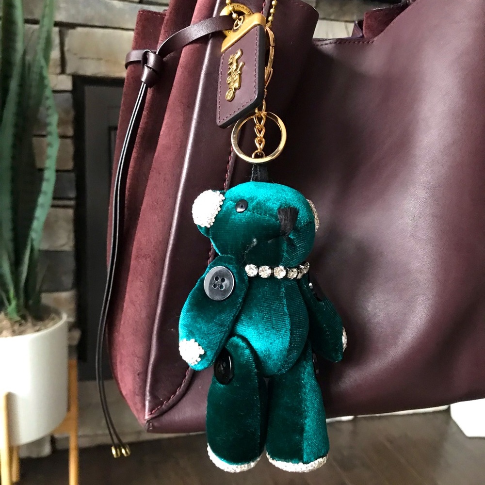Green Velvet Rhinestone Moveable Bear Bag Charm Key Chain